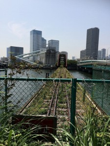 【廃線鉄道橋】豊洲、晴海間の春海橋。葉っぱで隠れてしまっていますが、当然立ち入り禁止。